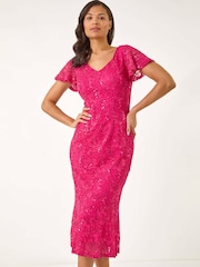 Roman Pink Sequin Lace Ruffle Stretch Midi Dress - Image 1 of 5