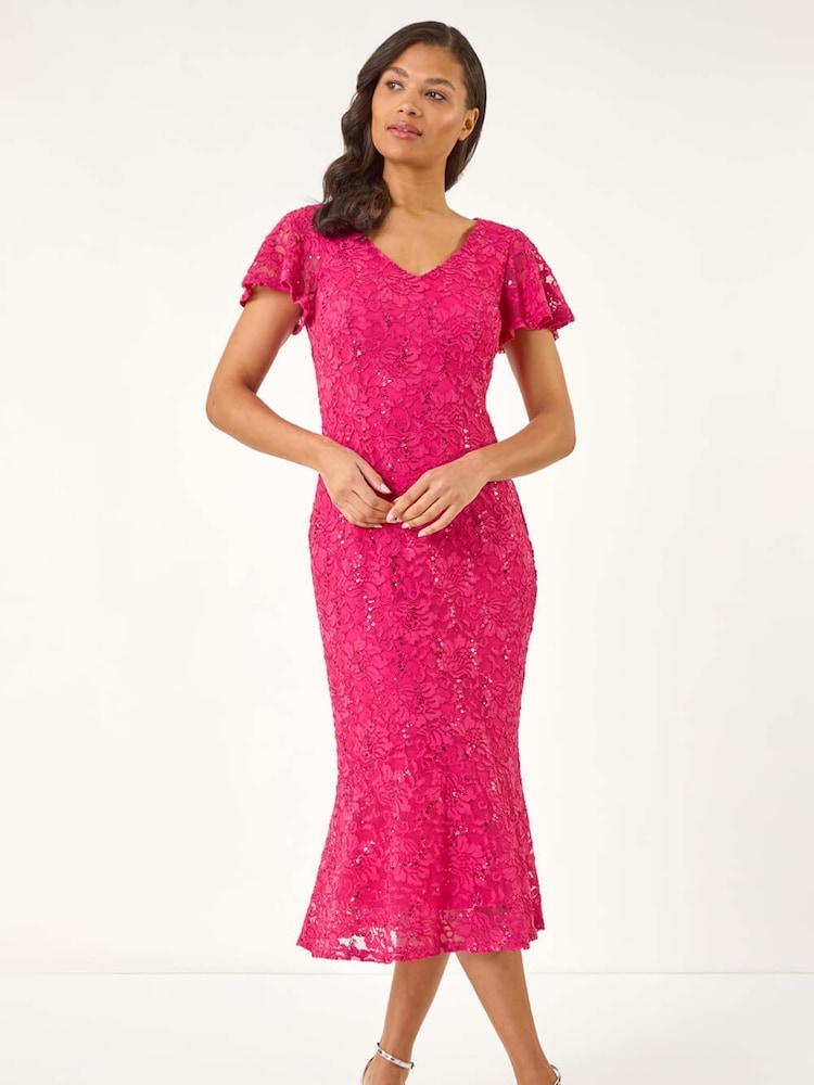 Roman Pink Sequin Lace Ruffle Stretch Midi Dress - Image 2 of 5