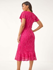 Roman Pink Sequin Lace Ruffle Stretch Midi Dress - Image 3 of 5