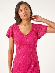 Roman Pink Sequin Lace Ruffle Stretch Midi Dress - Image 4 of 5