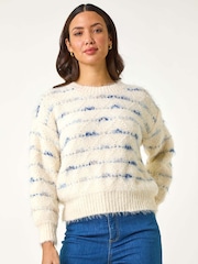 Roman White Stripe Fluffy Knit Jumper - Image 1 of 5