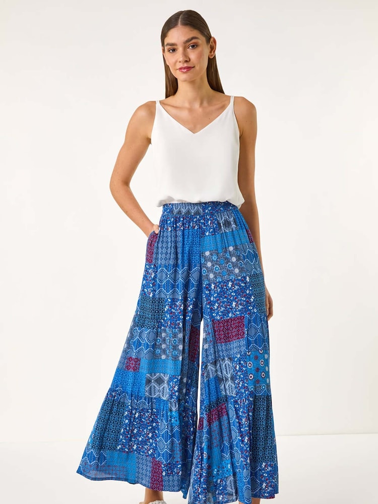 Roman Blue Tile Tiered Palazzo Trousers - Image 2 of 5