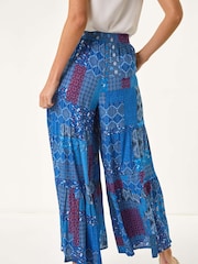 Roman Blue Tile Tiered Palazzo Trousers - Image 3 of 5
