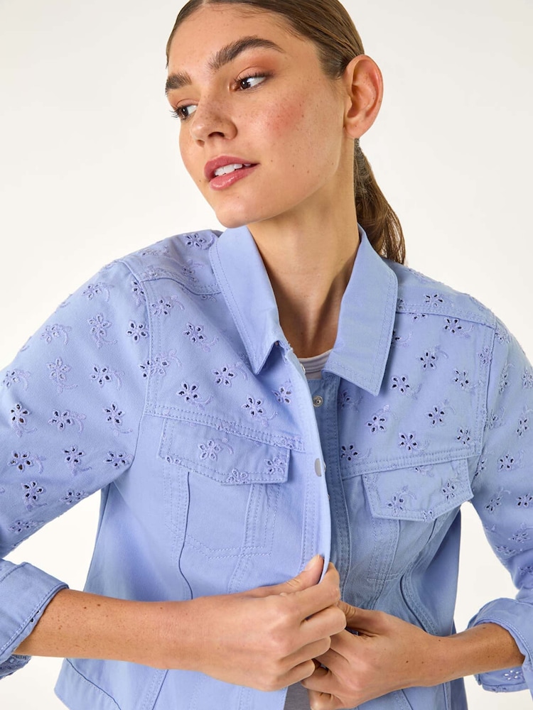 Roman Blue Cotton Blend Broderie Sleeve Jacket - Image 1 of 5