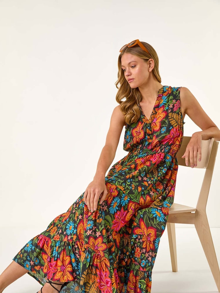 Roman Red Floral Shirred Maxi Dress - Image 1 of 5