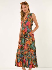 Roman Red Floral Shirred Maxi Dress - Image 2 of 5