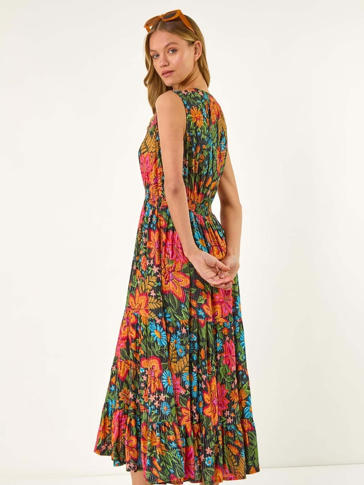 Roman Red Floral Shirred Maxi Dress - Image 3 of 5