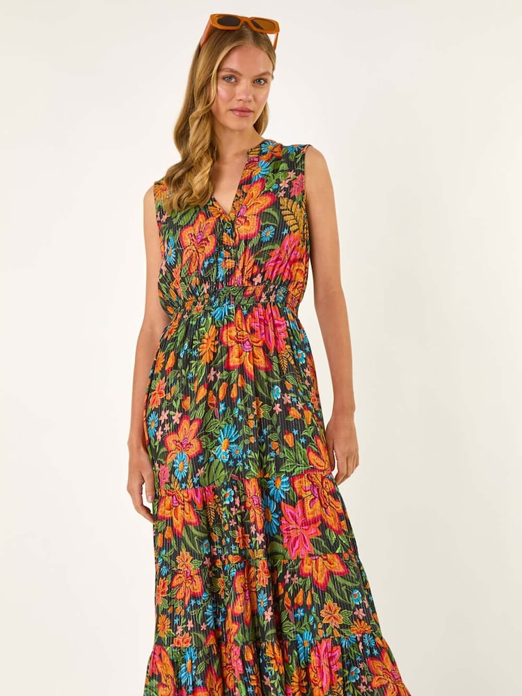 Roman Red Floral Shirred Maxi Dress - Image 4 of 5