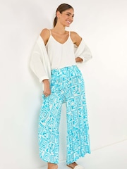 Roman Blue Palm Tile Print Tiered Palazzo Trousers - Image 1 of 5