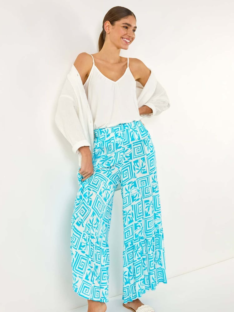 Roman Palm Tile Print Tiered Palazzo Trousers - Imagen 1 de 5 Roman Palm Tile Print Tiered Palazzo Trousers - Imagen 1 de 5
