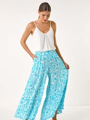 Roman Blue Palm Tile Print Tiered Palazzo Trousers - Image 2 of 5