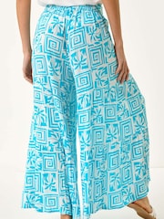 Roman Blue Palm Tile Print Tiered Palazzo Trousers - Image 3 of 5