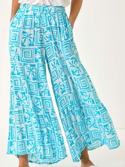 Roman Blue Palm Tile Print Tiered Palazzo Trousers - Image 4 of 5