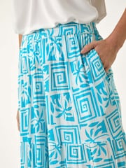 Roman Blue Palm Tile Print Tiered Palazzo Trousers - Image 5 of 5