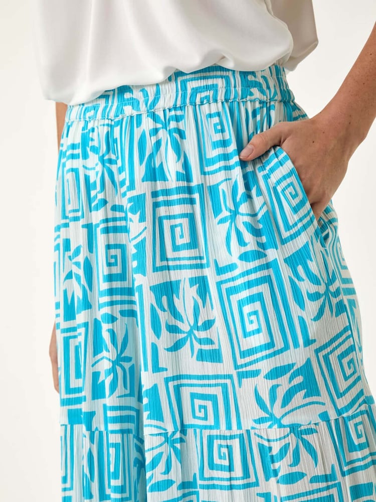 Roman Blue Palm Tile Print Tiered Palazzo Trousers - Image 5 of 5
