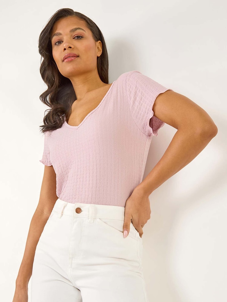 Roman Pink V-Neck Textured Lettuce Edge Top - Image 1 of 5