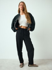 Black Linen Blend Barrel Leg Trousers - Image 1 of 8
