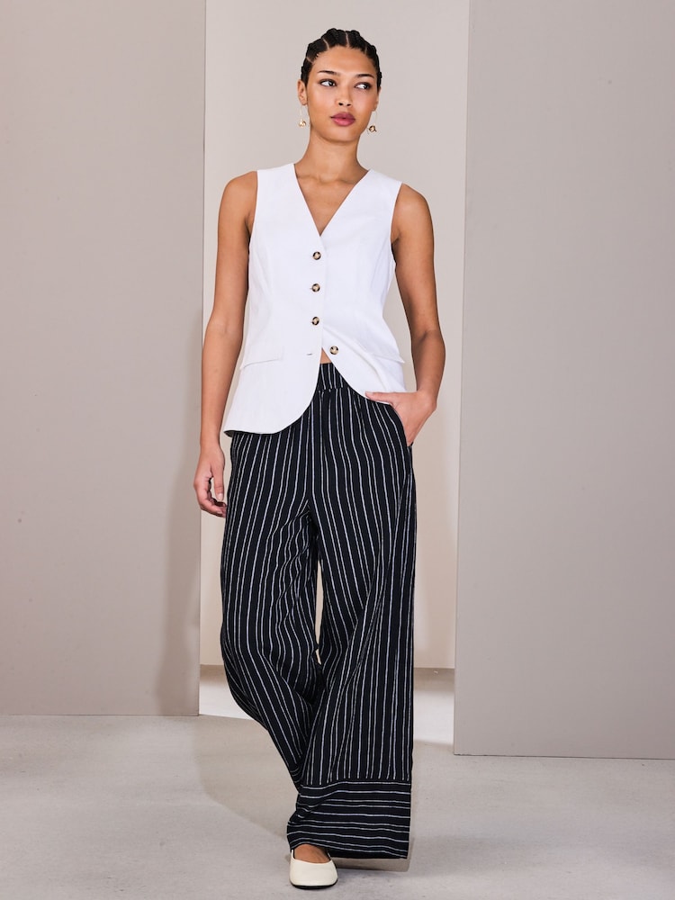 Black/White Stripe Linen Blend Wide Leg Trousers - Image 1 of 8