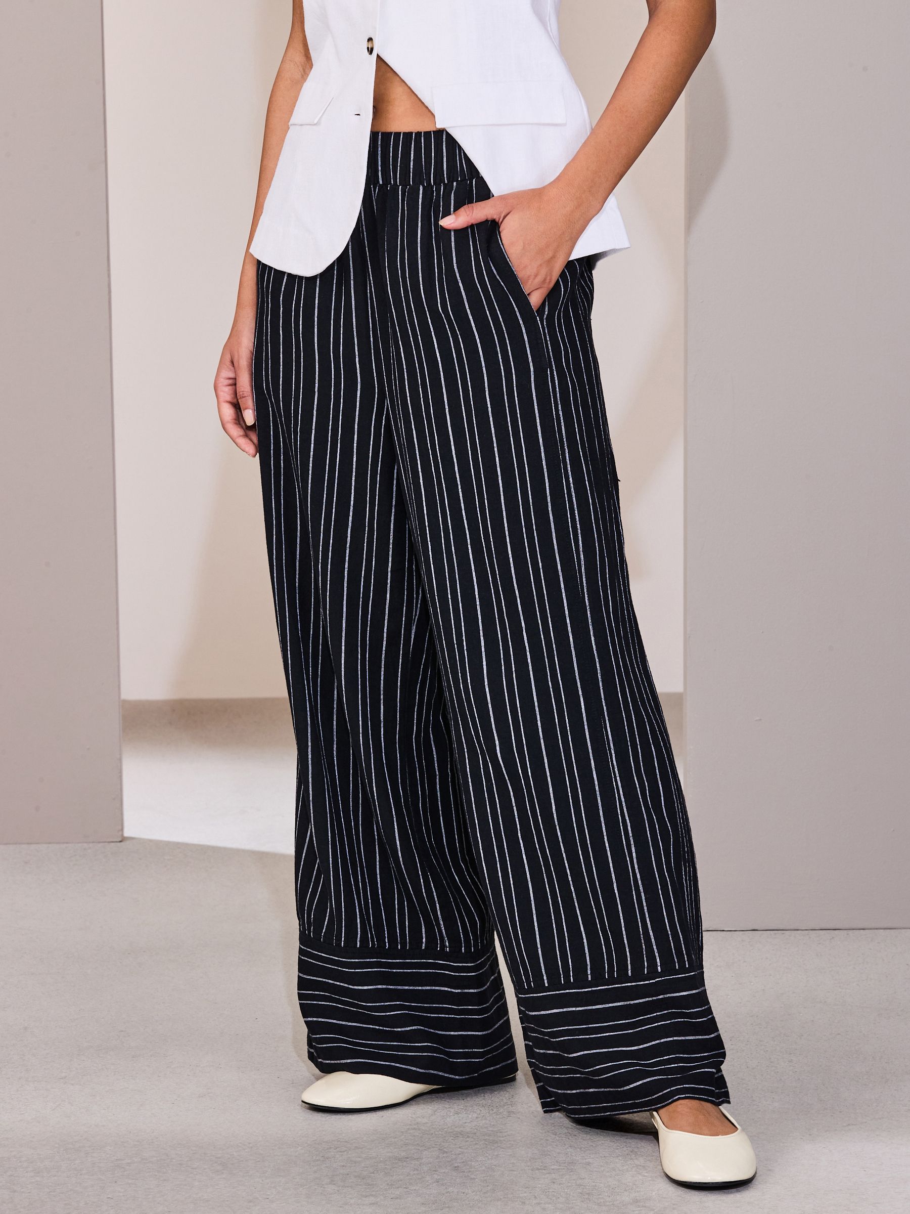 Buy Black/White Stripe Linen Blend Wide Leg Trousers from the Next