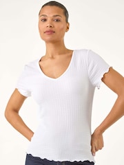 Roman White V-Neck Textured Lettuce Edge Top - Image 1 of 5