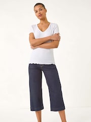 Roman White V-Neck Textured Lettuce Edge Top - Image 2 of 5
