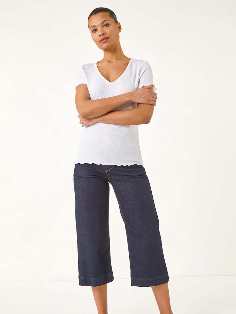 Roman White V-Neck Textured Lettuce Edge Top - Image 2 of 5