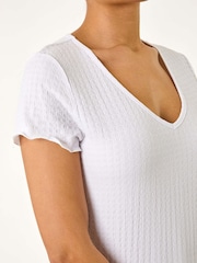 Roman White V-Neck Textured Lettuce Edge Top - Image 5 of 5