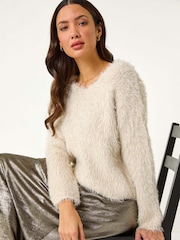 Roman Natural V-Neck Fluffy Knit Jumper - Image 1 of 5