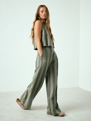 Khaki Green Stripe Smart Front Linen Blend Wide Leg Trousers - Image 2 of 8