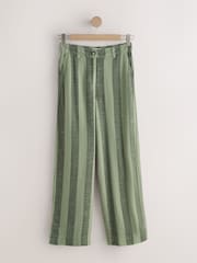 Khaki Green Stripe Smart Front Linen Blend Wide Leg Trousers - Image 6 of 8