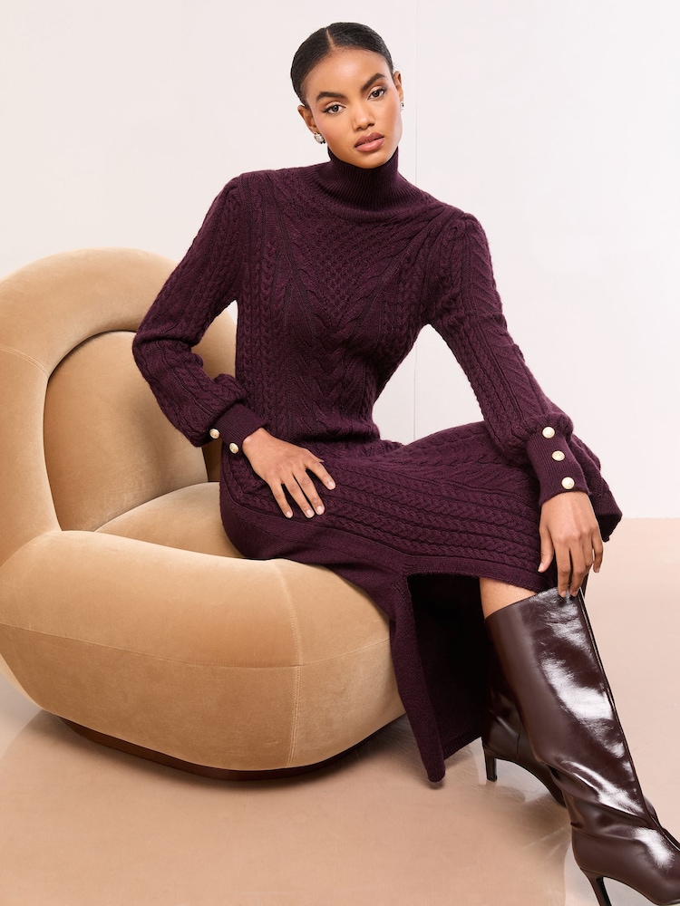 Lipsy Burgundy Red Roll Neck Cable Knit Midi Dress - Image 1 of 5 Lipsy Burgundy Red Roll Neck Cable Knit Midi Dress - Image 1 of 5