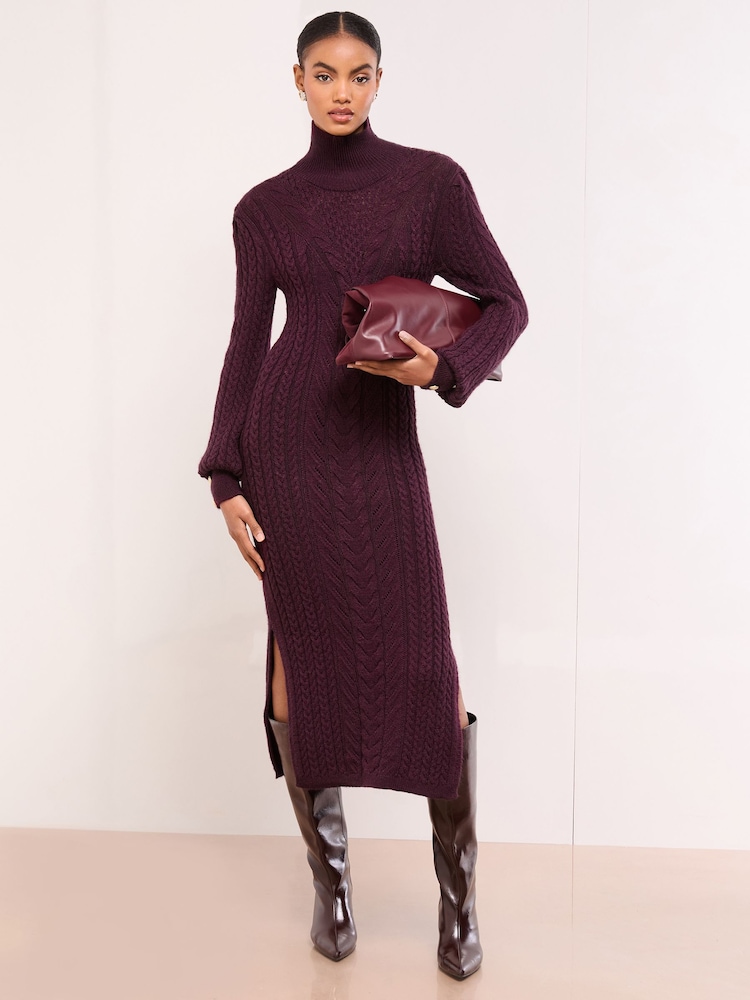 Lipsy Burgundy Red Roll Neck Cable Knit Midi Dress - Image 2 of 5 Lipsy Burgundy Red Roll Neck Cable Knit Midi Dress - Image 2 of 5