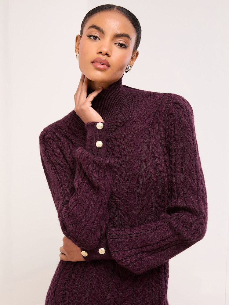 Womens Lipsy Burgundy Red Petite Roll Neck Cable Knit Midi Dress US 4