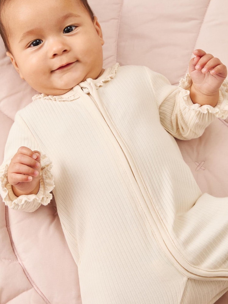 MORI Cotton Frilled 2 Way Zip-Up Sleepsuit - Image 1 of 3