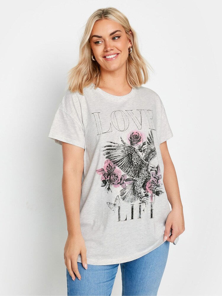 Yours Curve Grey Placement Print T-Shirt - Image 1 of 5