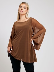 Yours Curve Brown Long Sleeve Asymmetrical Blouse - Image 2 of 5