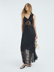 River Island Black One Shoulder Lace Satin Maxi Dress - Image 1 of 4