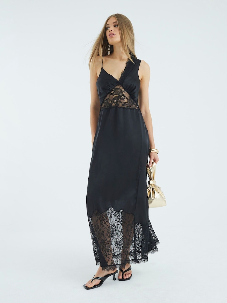 River Island Black One Shoulder Lace Satin Maxi Dress - Image 1 of 4