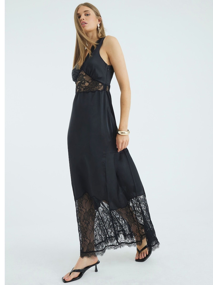 River Island Black One Shoulder Lace Satin Maxi Dress - Image 2 of 4