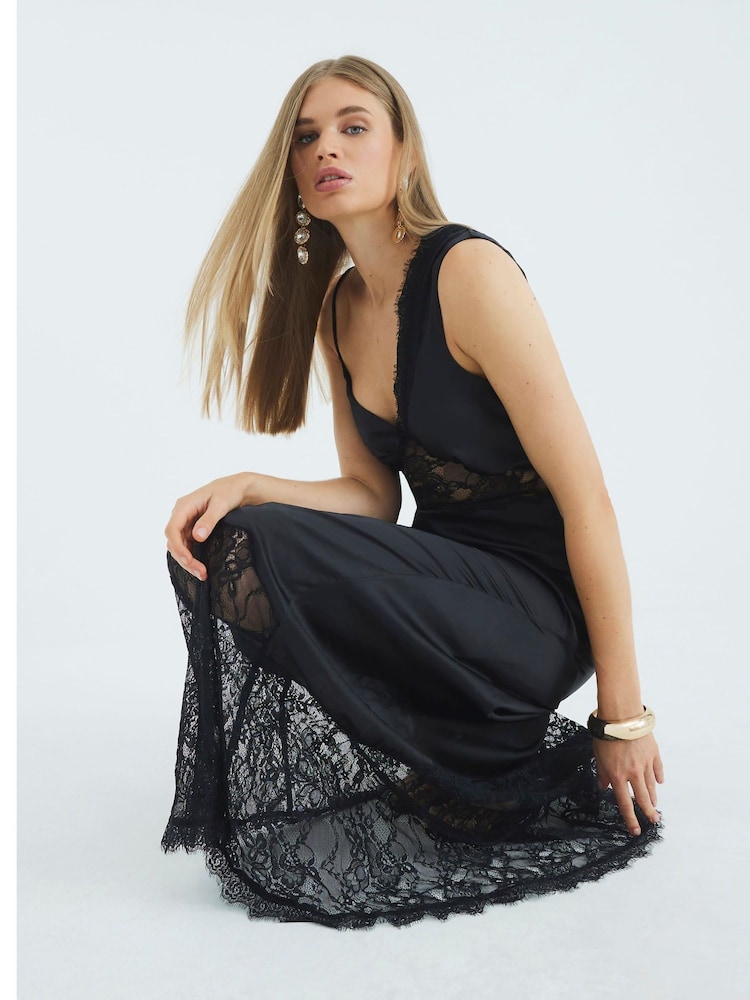 River Island Black One Shoulder Lace Satin Maxi Dress - Image 4 of 4