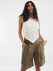 River Island Green Cargo Bermuda 100% Cotton Shorts - Image 3 of 4