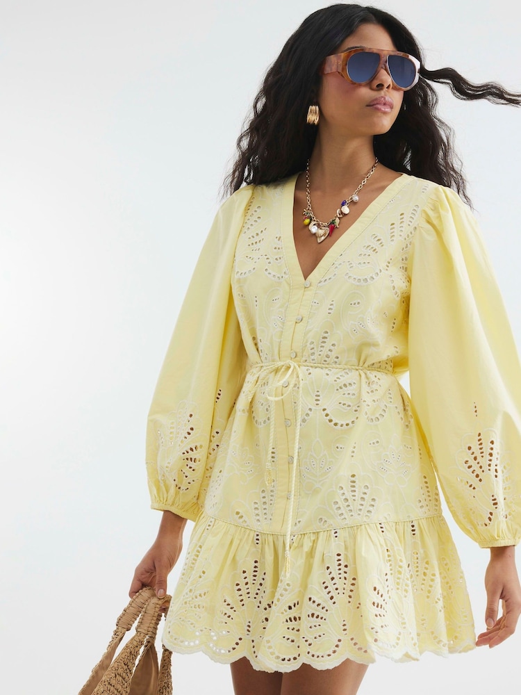 River Island Yellow 100% Cotton Poplin Shirt Dress - Image 1 of 4