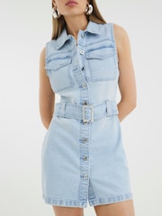 River Island Blue 100% Cotton Denim Belted Mini Dress - Image 2 of 4
