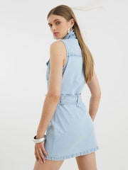 River Island Blue 100% Cotton Denim Belted Mini Dress - Image 3 of 4