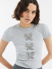 River Island Grey Diamante Bow Ribbed T-Shirt - Image 1 of 4