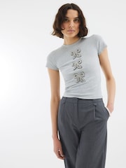 River Island Grey Diamante Bow Ribbed T-Shirt - Image 3 of 4