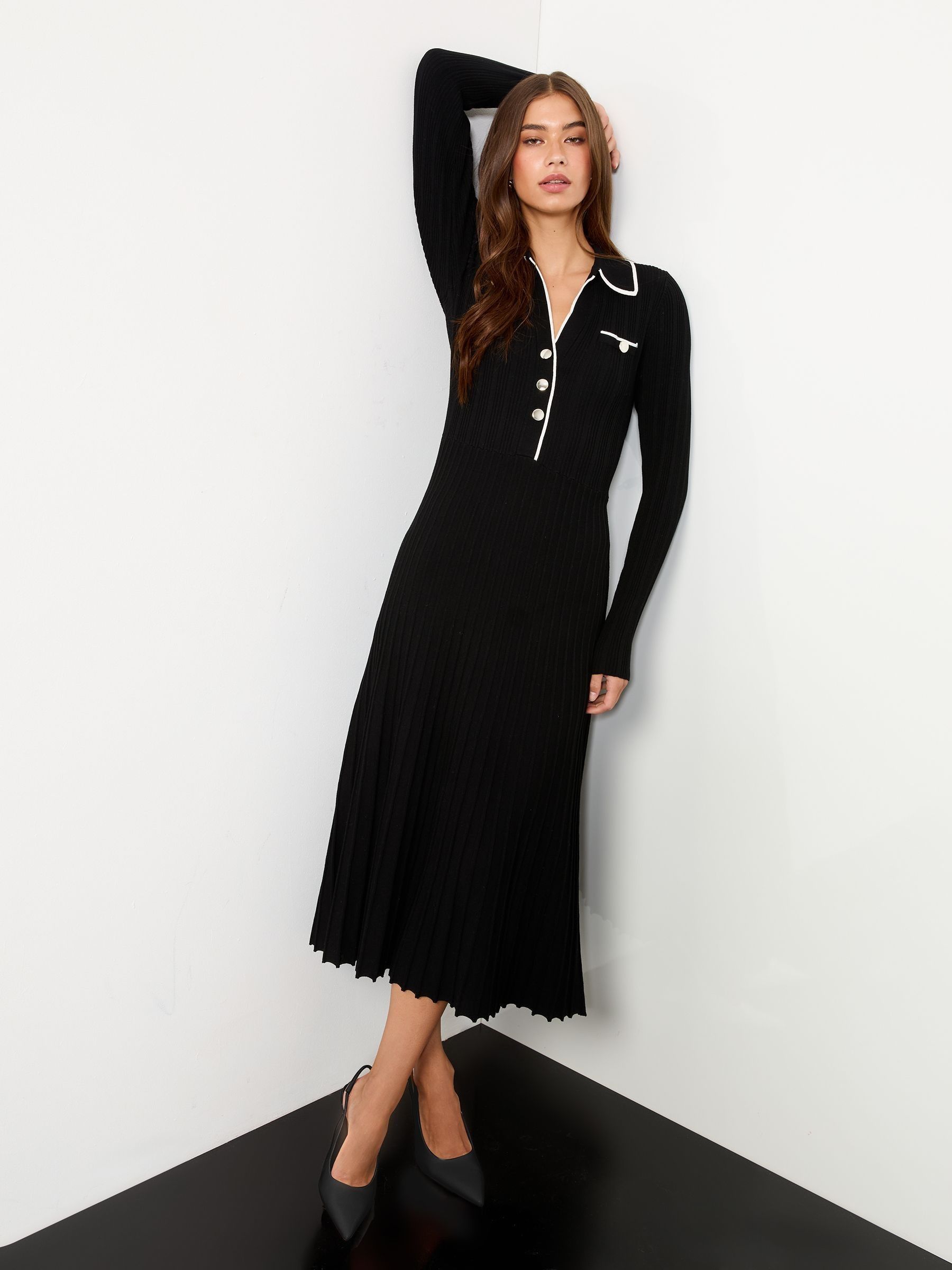 Lipsy Monochrome Petite Tipped Collared Knitted Midi Dress | Laura