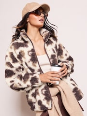 Friends Like These Cream Cow Print Full Zip Borg Jacket - Image 1 of 5