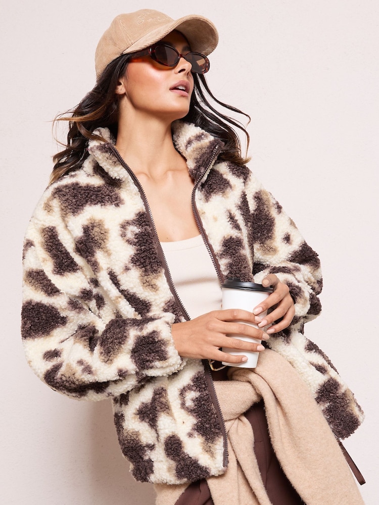 Friends Like These Cream Cow Print Full Zip Borg Jacket - Image 1 of 5