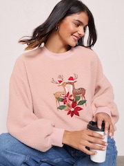 Friends Like These Pink Reindeer Embroidered Borg Sweatshirt - Image 2 of 4